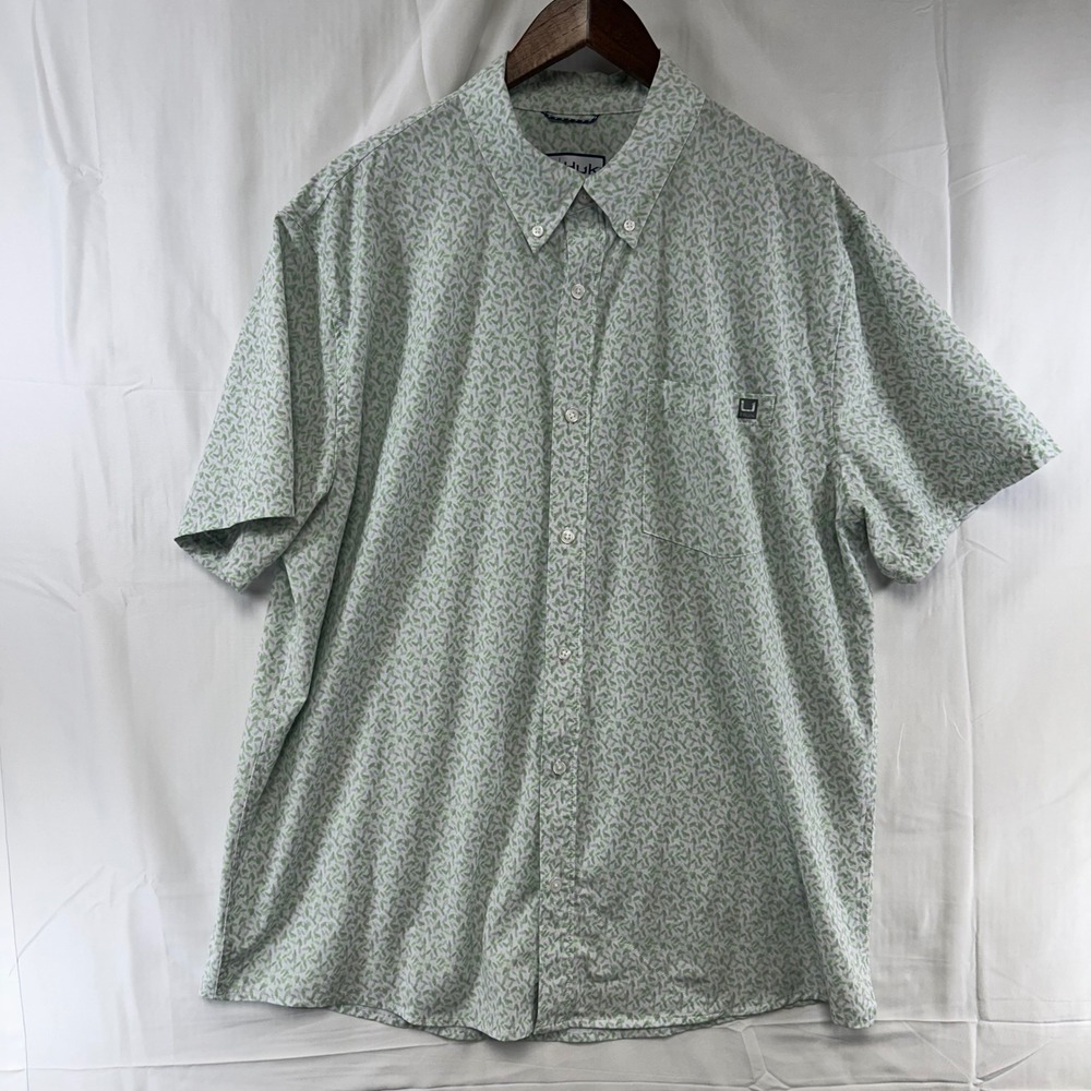Huk Button Down Shirt Mens XL Green Leaf Print Short Sleeve H1500212-322